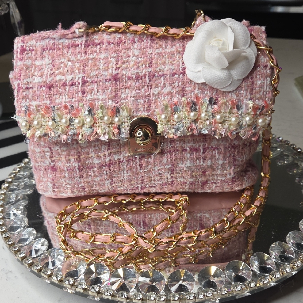 Pink Tweed Camillia Flower Pearl Crossbody Bag